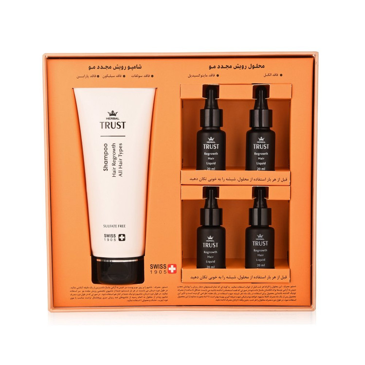 کیت تخصصی رویش مجدد موی سر تراست فاقد ماینوکسیدیل، سولفات، سیلیکون، پارابن، الکل و نمک